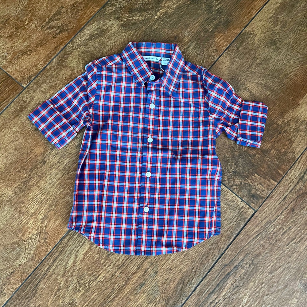 NEW Janie and Jack Plaid Kids Shortsleeve Shirt - Blue and Orange 18-24 Months
